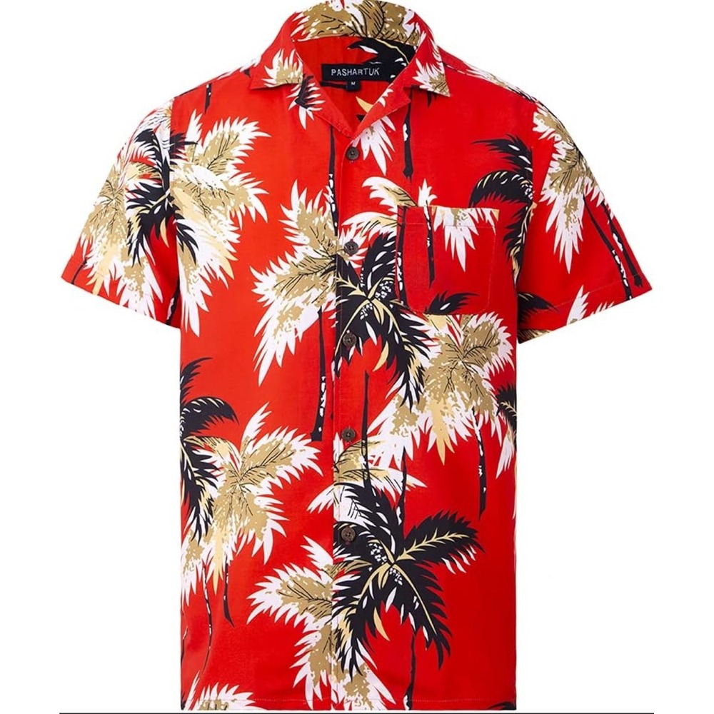 PASHARTUK Mens Large Red Palm Tree Hawaiian Shirt Short Sleeve Button Up‎ Aloha
